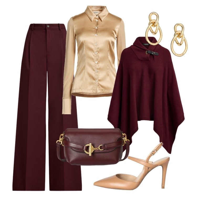 Outfit donna - San Valentino sofisticato. Stile Chic per Serata fuori. Abbinamento con camicie, décolleté, pantaloni, cappotti, orecchini, borse a tracolla.
