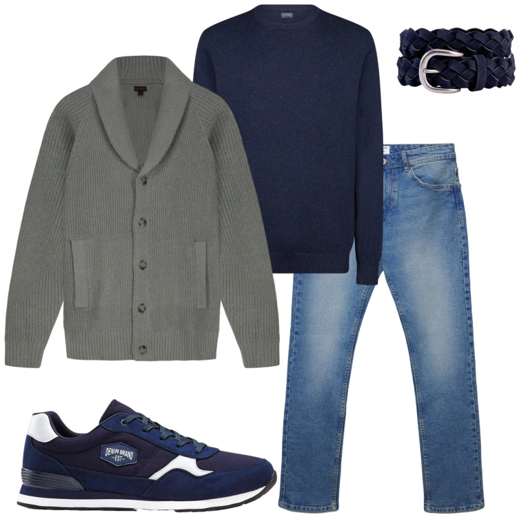 Outfit uomo - Febbraio in maglia. Stile Casual per Tutti i giorni. Abbinamento con sneakers, jeans dritti, maglieria, cinture, cardigans.