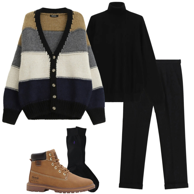 Outfit uomo - Febbraio in maglia. Stile Urban per Ufficio. Abbinamento con stivali e stivaletti, pantaloni, maglieria, cardigans, calzini.