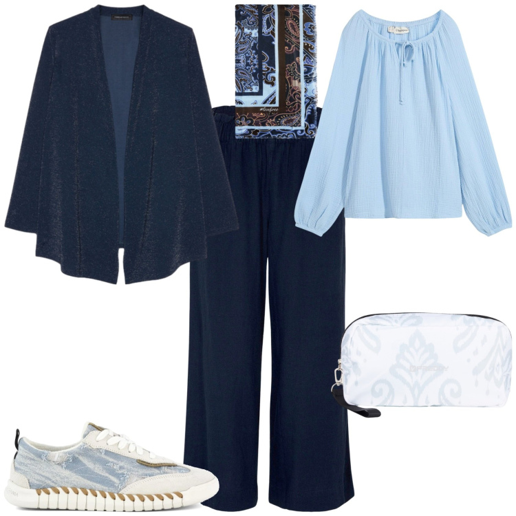 Outfit donna - Casual chic ufficio tempo libero. Stile Casual chic per Tutti i giorni. Abbinamento con pantaloni capri, bluse, valigie, sneakers, foulard, cardigans.