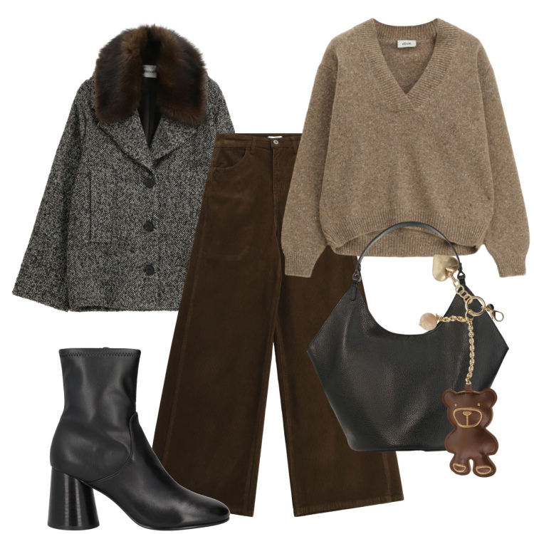 Outfit donna - Stile e comodità. Stile Minimal per Tutti i giorni. Abbinamento con stivaletti, cappotti, maglieria, portachiavi, pantaloni a palazzo, borse a spalla.