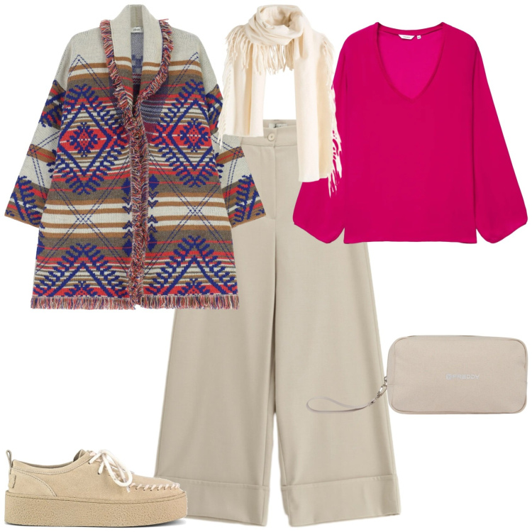 Outfit donna - Casual chic ufficio tempo libero. Stile Casual chic per Tutti i giorni. Abbinamento con sciarpe, pantaloni a palazzo, cappotti, bluse, valigie, mocassini.