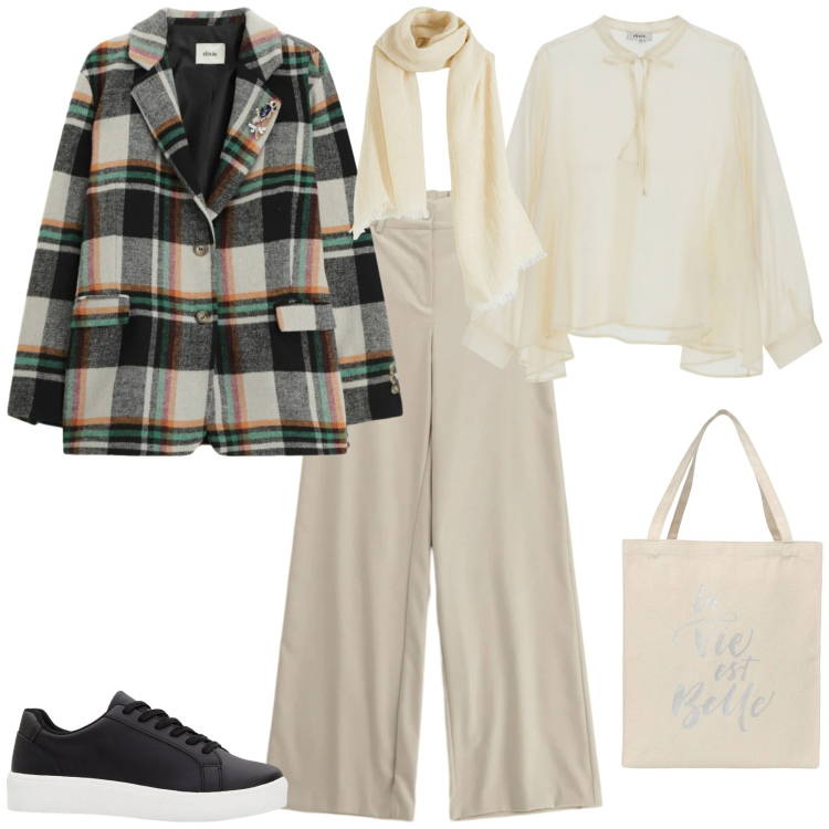 Outfit donna - Casual chic ufficio tempo libero. Stile Casual chic per Tutti i giorni. Abbinamento con sneakers, sciarpe, camicie, pantaloni a palazzo, blazer, borse tote.