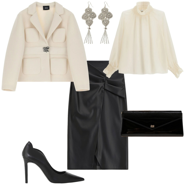 Outfit donna - Bon ton serata evento speciale. Stile Bon Ton per Serata fuori. Abbinamento con camicie, gonne longuette, décolleté, orecchini, blazer, pochette.