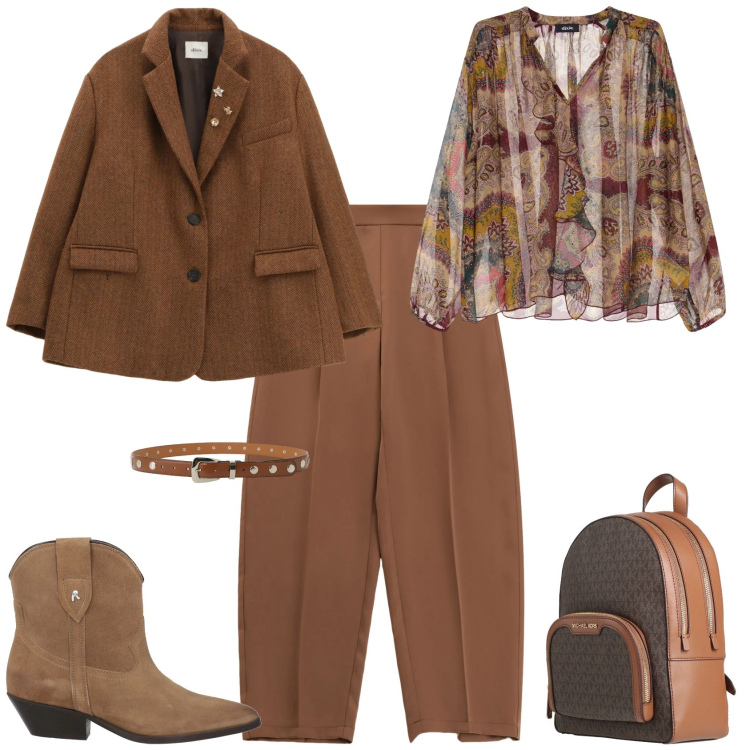 Outfit donna - Trendy ufficio week end. Stile Trendy per Ufficio. Abbinamento con zaini, stivaletti texani, pantaloni, cinture, blazer, camicie.