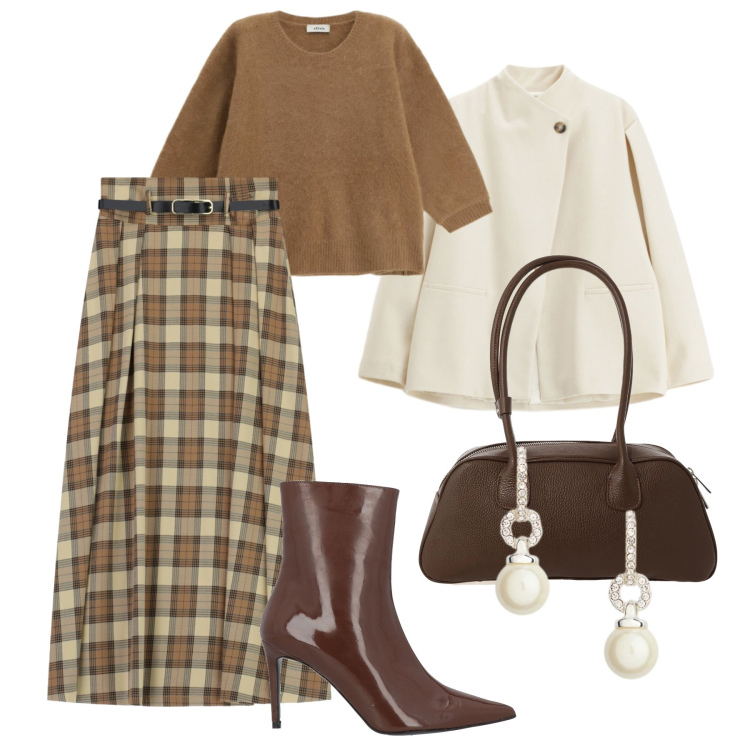 Outfit donna - Total look H24. Stile Glamour per Tutti i giorni. Abbinamento con stivaletti, gonne lunghe, maglieria, blazer, borse a mano, orecchini.