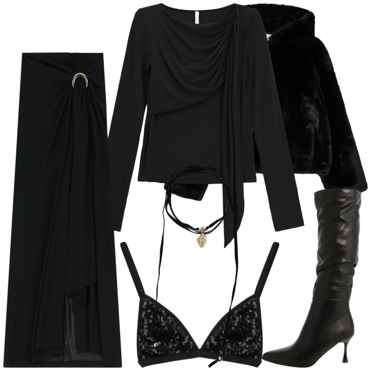 Outfit donna - San Valentino curvy mood. Stile Chic per Serata fuori. Abbinamento con bluse, stivali sopra il ginocchio, gonne lunghe, top, collane, ecopellicce.