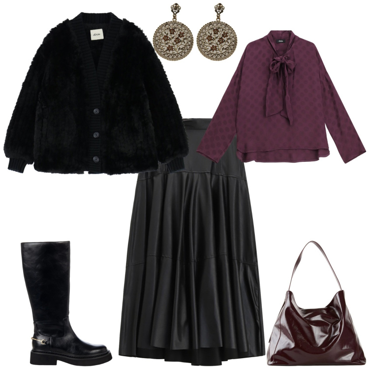 Outfit donna - Casual chic ogni giorno. Stile Casual chic per Tutti i giorni. Abbinamento con shopping bag, bluse, orecchini, gonne lunghe, blazer, stivali sopra il ginocchio.