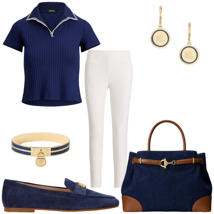 Outfit donna - Invitata al circolo. Stile Glamour per Tutti i giorni. Abbinamento con mocassini, pantaloni, borse a mano, orecchini, braccialetti con ciondoli, polo.