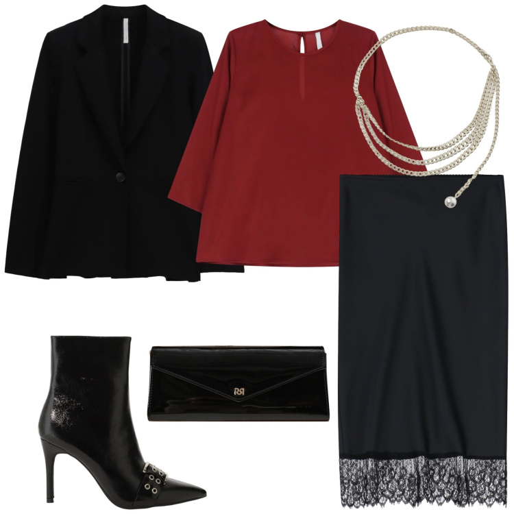 Outfit donna - San Valentino curvy mood. Stile Chic per Serata fuori. Abbinamento con gonne longuette, top, blazer, stivaletti, collane, pochette.