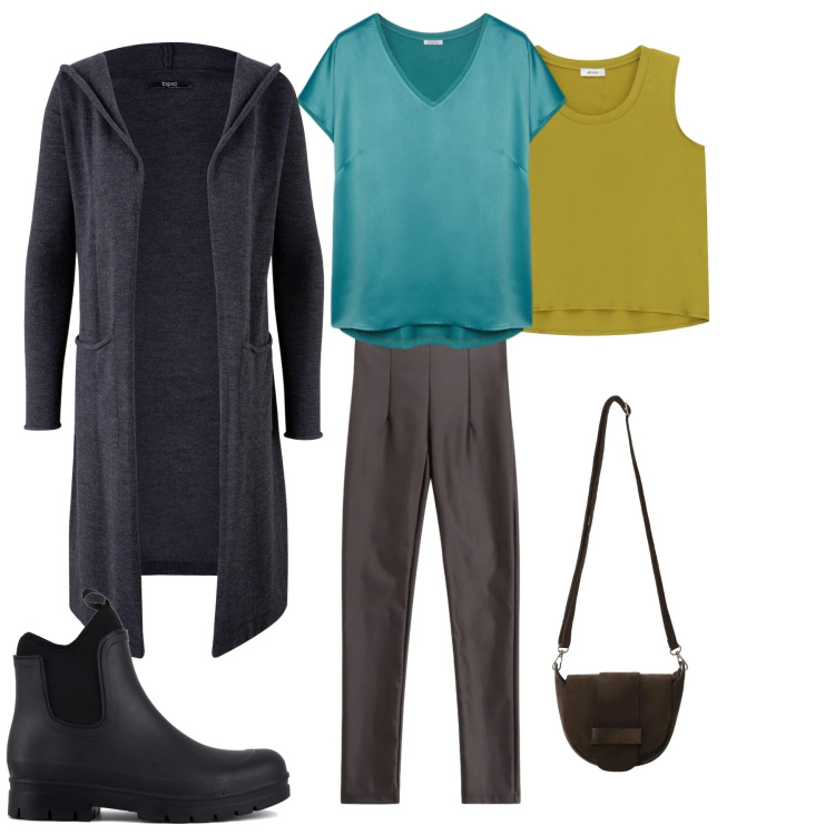 Outfit donna - Il calore del colore. Stile Urban per Tutti i giorni. Abbinamento con cardigans, borse a tracolla, canottiere, pantaloni, bluse, stivali.