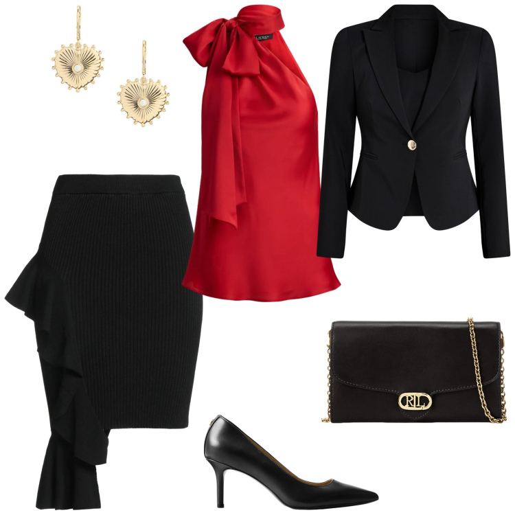 Outfit donna - Un outfit per San Valentino. Stile Glamour per Serata fuori. Abbinamento con minigonne, blazer, borse a tracolla, décolleté, orecchini, top.