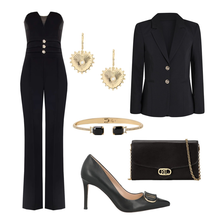 Outfit donna - Black Valentine -@valentinadringoli. Stile Chic per Serata fuori. Abbinamento con décolleté, blazer, tute, borse a tracolla, braccialetti, orecchini.