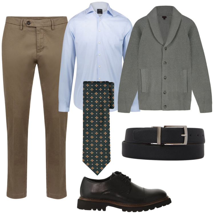 Outfit uomo - Febbraio in ufficio. Stile Urban per Ufficio. Abbinamento con scarpe stringate, camicie, pantaloni chino, cinture, cravatte, cardigans.
