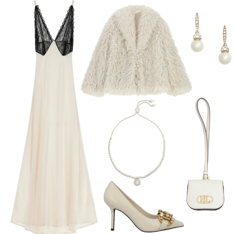 Outfit donna - Un vestito bellissimo. Stile Chic per Cerimonia. Abbinamento con décolleté, ecopellicce, vestiti lunghi, orecchini, braccialetti, pochette.