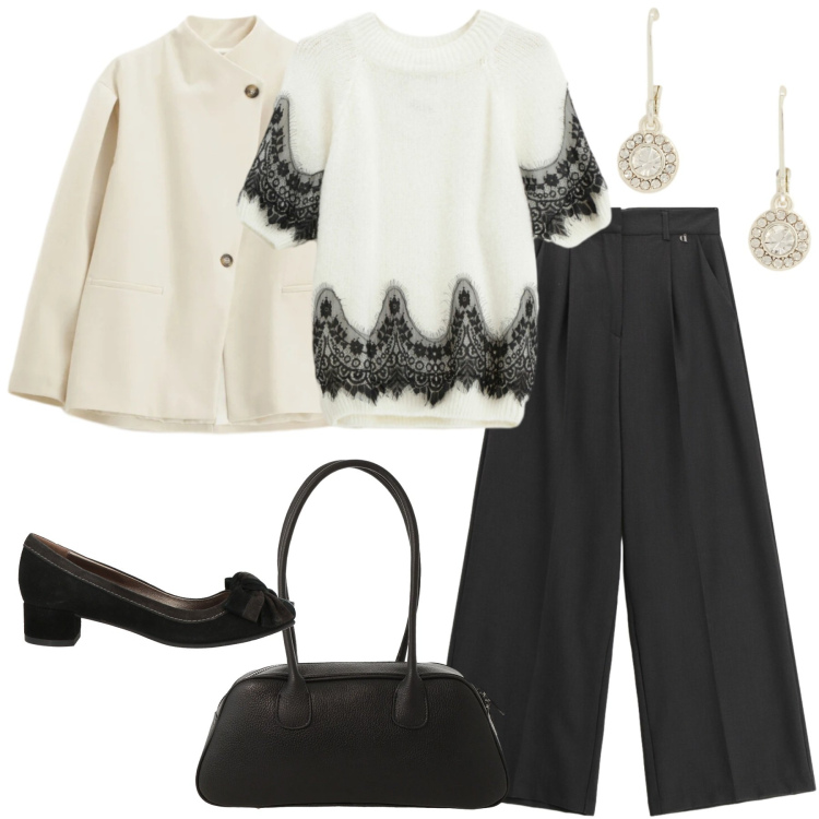 Outfit donna - Cerimonia informale. Stile Vintage retrò per Cerimonia. Abbinamento con décolleté, maglieria, pantaloni a palazzo, borse a mano, blazer, orecchini.