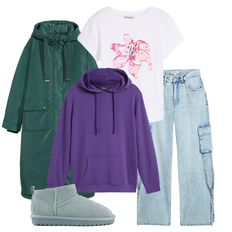 Outfit donna - M’illumino d’inverno. Stile Casual per Scuola/Università. Abbinamento con felpe con cappuccio, jeans, t-shirt, parka, stivali.