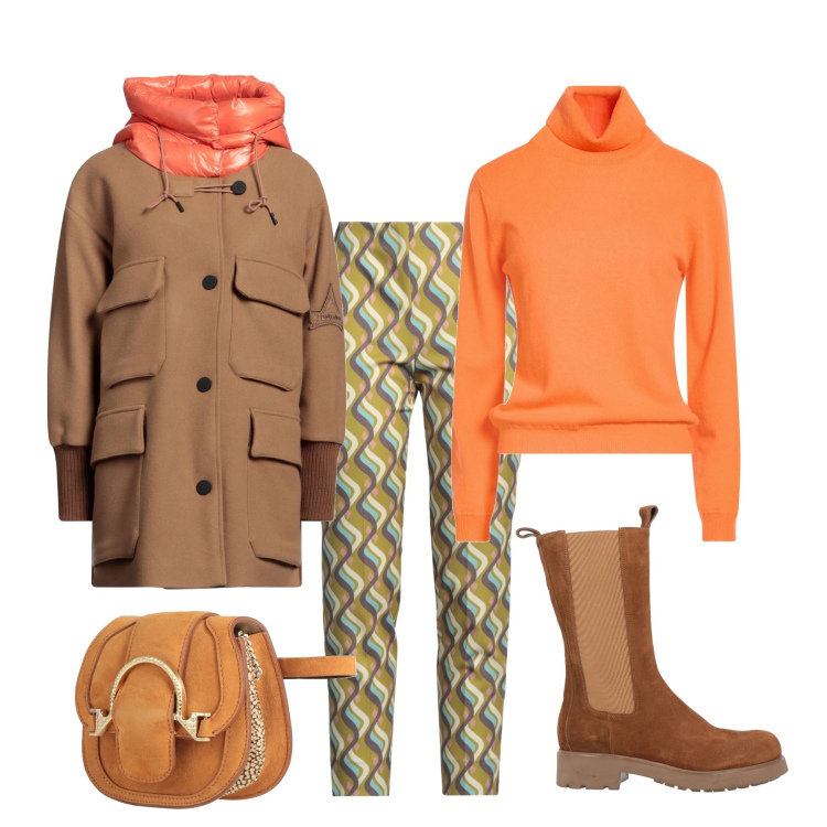 Outfit donna - Arancio vitaminico. Stile Casual chic per Tutti i giorni. Abbinamento con marsupi, cappotti, maglieria, stivali, pantaloni.