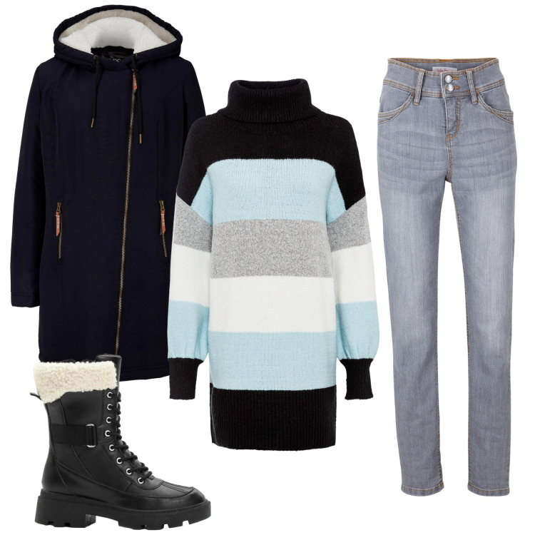 Outfit donna - Total look #2331289. Stile Basic per Tutti i giorni. Abbinamento con blazer, maglieria, jeans slim fit, anfibi.