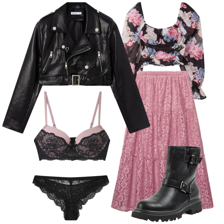 Outfit donna - Tra rosa e rock. Stile Rock per Serata fuori. Abbinamento con gonne lunghe, perizomi, giacche, reggiseni push-up, stivaletti, bluse.