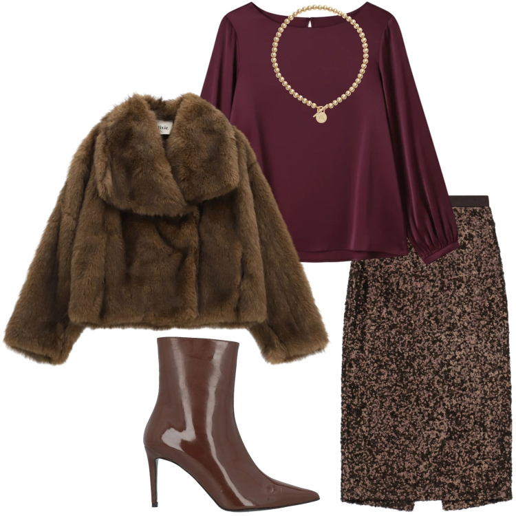 Outfit donna - Tessuti morbidi. Stile Chic per Serata fuori. Abbinamento con stivaletti, gonne longuette, blazer, bluse, collane.