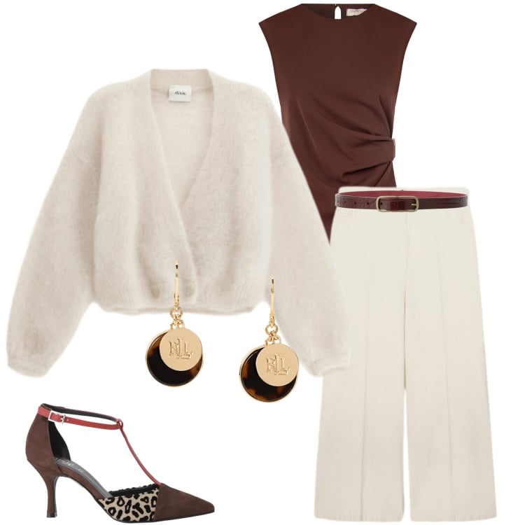 Outfit donna - Tessuti morbidi. Stile Casual chic per Tutti i giorni. Abbinamento con décolleté, cinture, cardigans, top, orecchini, pantaloni chino.
