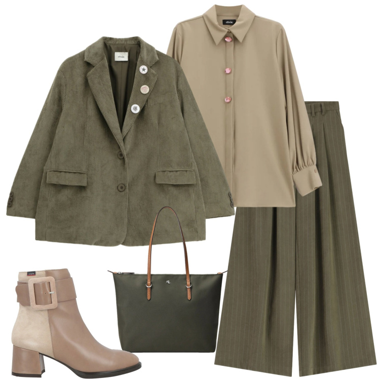 Outfit donna - Tessuti morbidi. Stile Casual chic per Ufficio. Abbinamento con stivaletti, blazer, camicie, pantaloni a palazzo, borse tote.