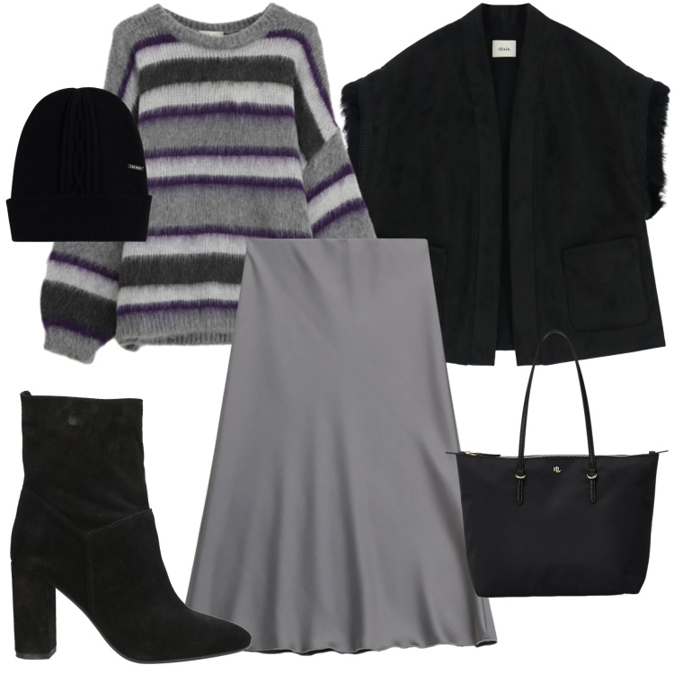 Outfit donna - Tessuti morbidi. Stile Casual chic per Ufficio. Abbinamento con stivaletti, gonne longuette, gilet, maglieria, berretti, borse tote.