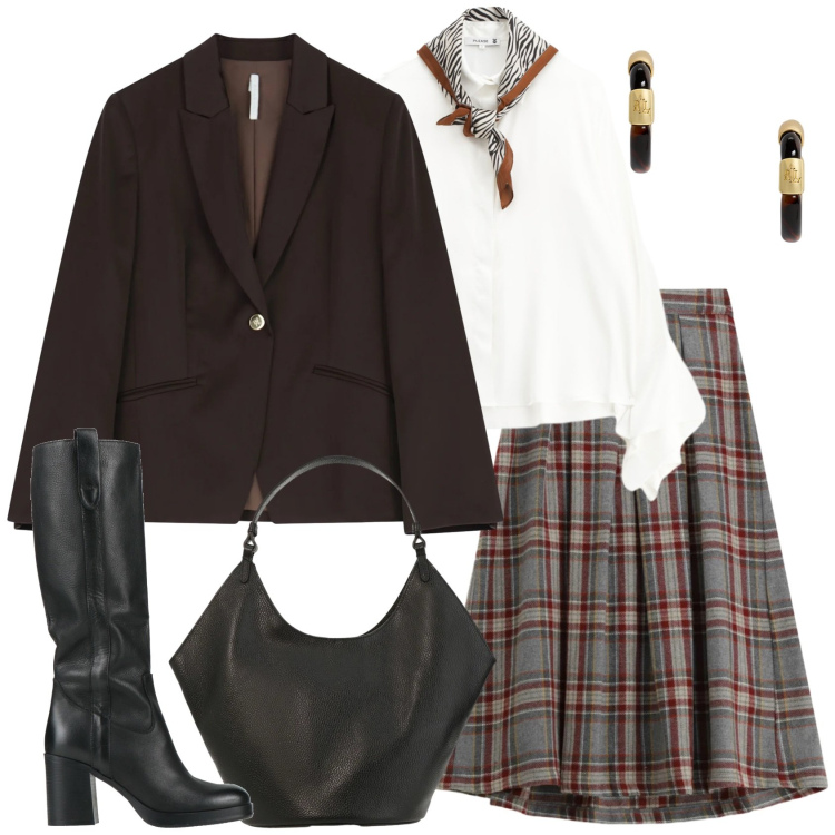 Outfit donna - Il fascino dei dettagli. Stile Casual chic per Ufficio. Abbinamento con stivali, blazer, gonne lunghe, borse a spalla, camicie, orecchini.