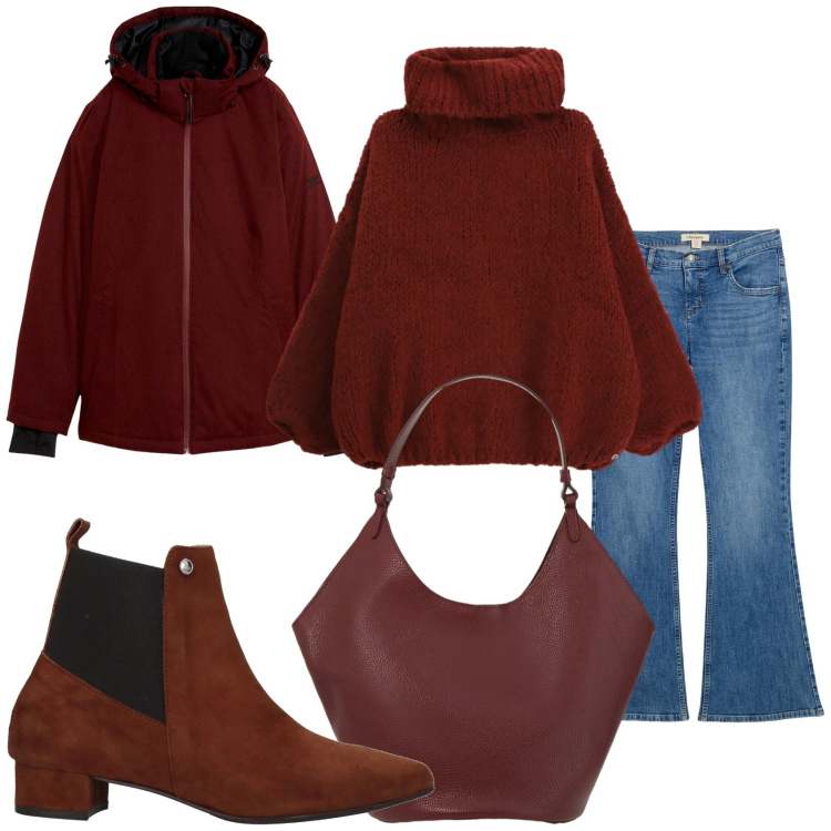Outfit donna - Il rosso marrone per la giornata. Stile Urban per Tutti i giorni. Abbinamento con jeans a zampa, blazer, stivaletti chelsea, borse a spalla, maglieria.