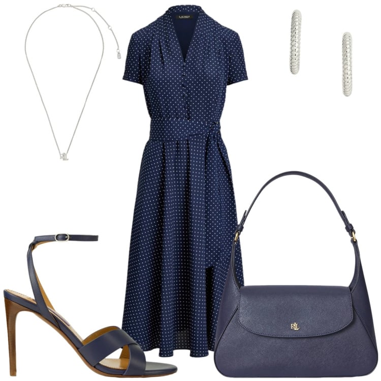 Outfit donna - Abito in crêpe a pois. Stile Bon Ton per Tutti i giorni. Abbinamento con vestiti, ciondoli, orecchini, sandali col tacco, borse a spalla.