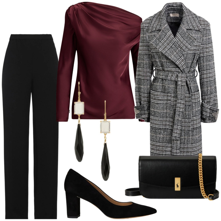 Outfit donna - Cena romantica e chic. Stile Chic per Serata fuori. Abbinamento con cappotti, pantaloni, décolleté, bluse, clutch, orecchini.
