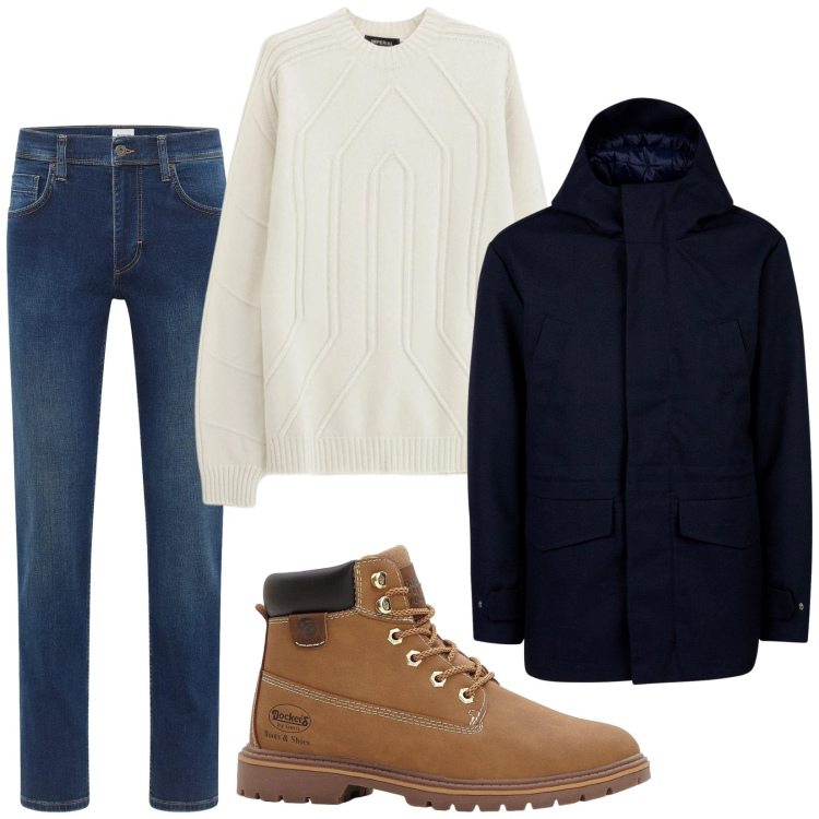 Outfit uomo - Total look #2331332. Stile Casual per Tutti i giorni. Abbinamento con stivali e stivaletti, jeans dritti, pullovers, giacche.