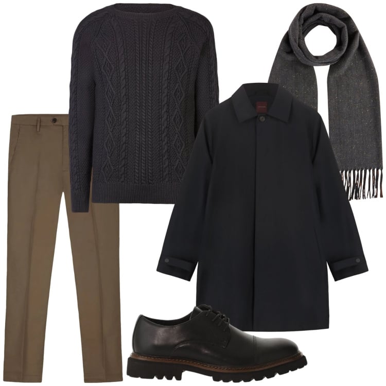 Outfit uomo - Total look #2331333. Stile Business/Elegante per Ufficio. Abbinamento con scarpe stringate, maglieria, pantaloni, parka, sciarpe.