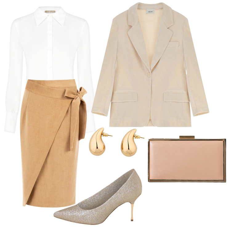 Outfit donna - La gonna col nodo. Stile Casual chic per Serata fuori. Abbinamento con orecchini, blazer, camicie, décolleté, gonne longuette, pochette.