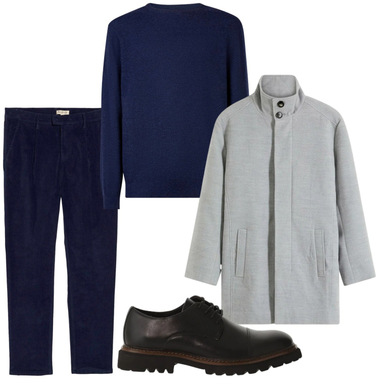 Outfit uomo - Rientro in ufficio. Stile Business/Elegante per Ufficio. Abbinamento con pantaloni, cappotti, scarpe stringate, maglieria.