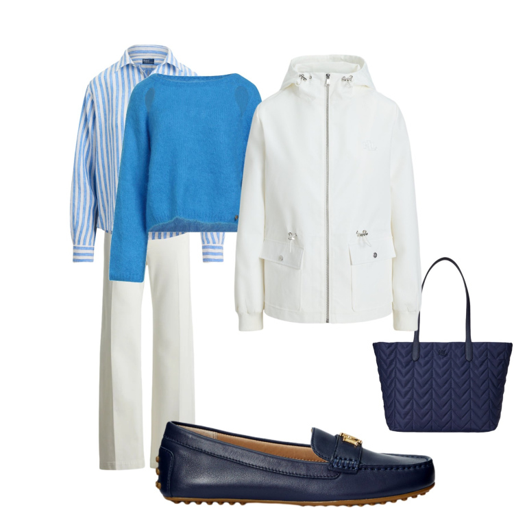 Outfit donna - Il mare addosso. Stile Casual chic per Ufficio. Abbinamento con pullovers, pantaloni, mocassini, borse tote, camicie, blazer.