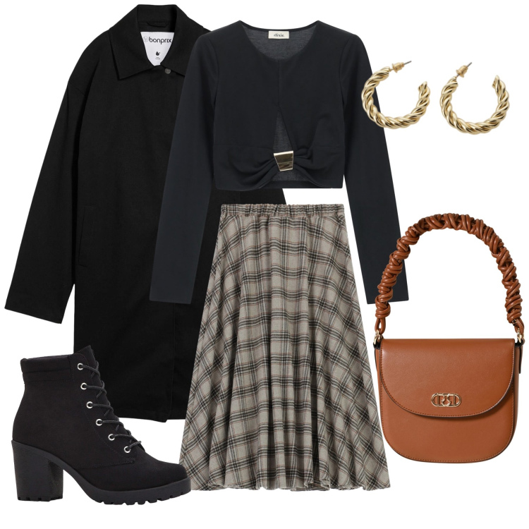 Outfit donna - Il Racconto del Tartan. Stile Urban per Tutti i giorni. Abbinamento con stivaletti, trench, top, orecchini, borse a mano, gonne longuette.