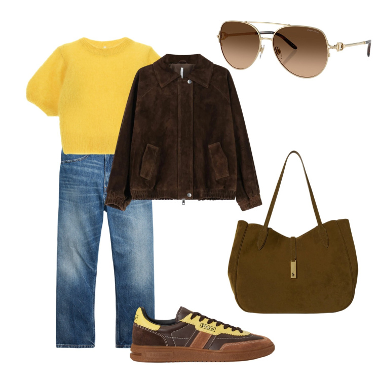 Outfit donna - Giallo sole. Stile Casual per Tutti i giorni. Abbinamento con t-shirt, bomber, occhiali da sole, jeans, sneakers, borse tote.