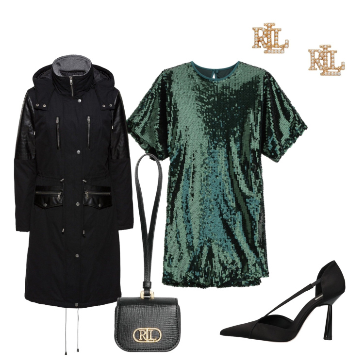 Outfit donna - Emerald Night: L\'Incanto dei Particolari. Stile Casual chic per Tutti i giorni. Abbinamento con parka, décolleté, vestiti corti, orecchini, pochette.