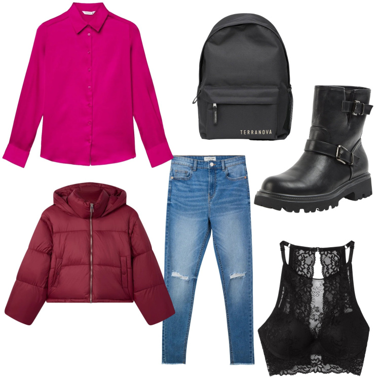 Outfit donna - Total look #2331346. Stile Casual per Scuola/Università. Abbinamento con stivaletti, jeans strappati, zaini, bralette, bomber, camicie.