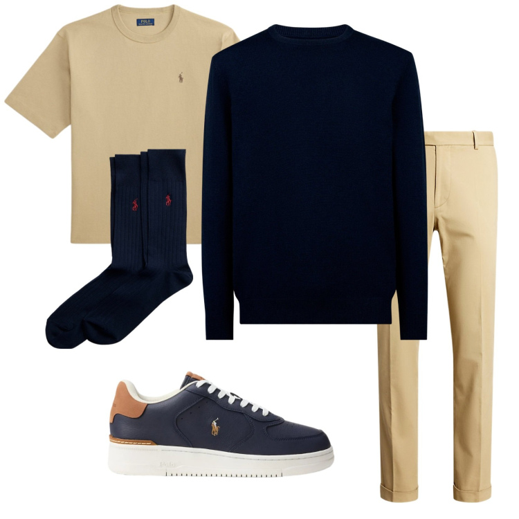 Outfit uomo - Dk Blu. Stile Trendy per Tutti i giorni. Abbinamento con calzini, pantaloni chino, sneakers, t-shirt, maglieria.