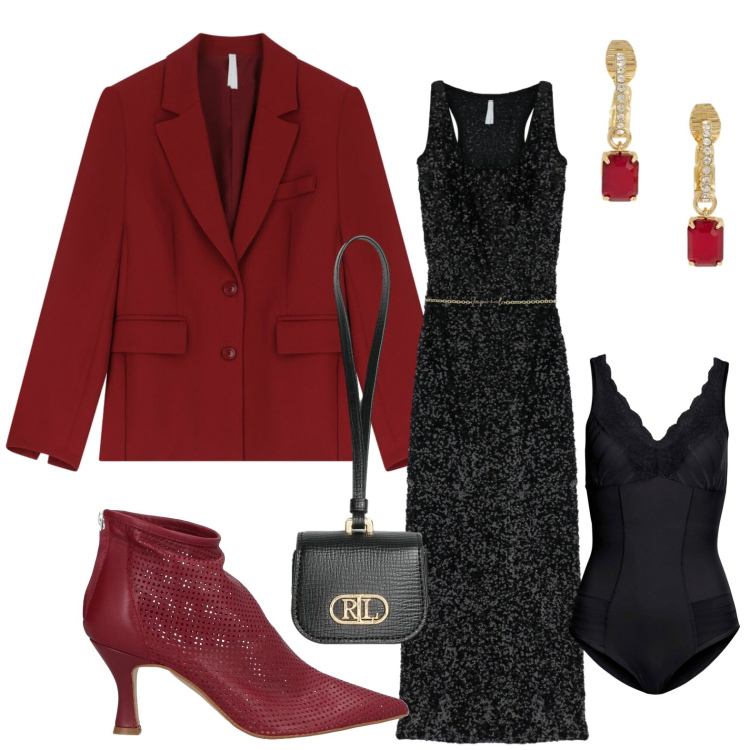 Outfit donna - Burgundy Love. Stile Chic per Serata fuori. Abbinamento con body, stivaletti, vestiti lunghi, blazer, orecchini, pochette.