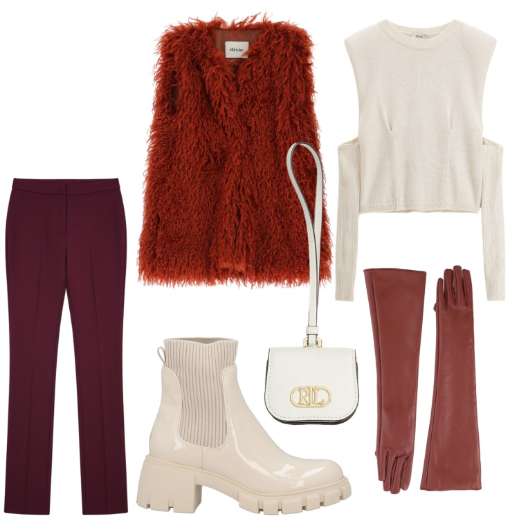 Outfit donna - Burgundy Love. Stile Basic per Tutti i giorni. Abbinamento con stivaletti, gilet, guanti, maglieria, pantaloni, pochette.
