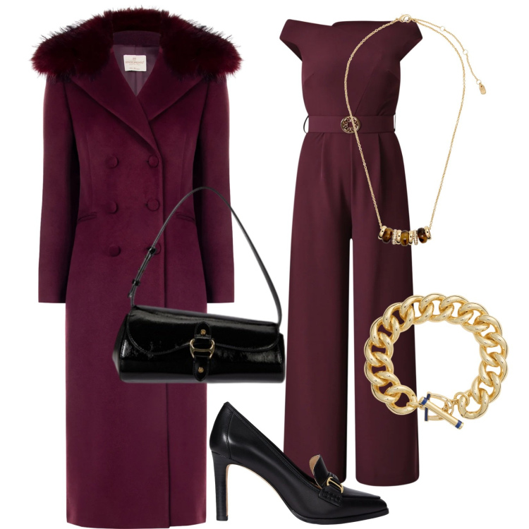 Outfit donna - Sofisticata a san Valentino. Stile Chic per Serata fuori. Abbinamento con tute, cappotti, braccialetti, collane, décolleté, borse a spalla.