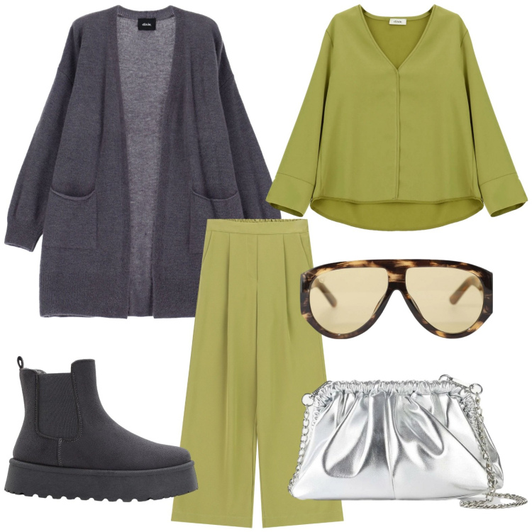 Outfit donna - Aperitivo casual. Stile Casual per Tutti i giorni. Abbinamento con stivaletti chelsea, borse a tracolla, occhiali da sole, pantaloni a palazzo, camicie, cardigans.