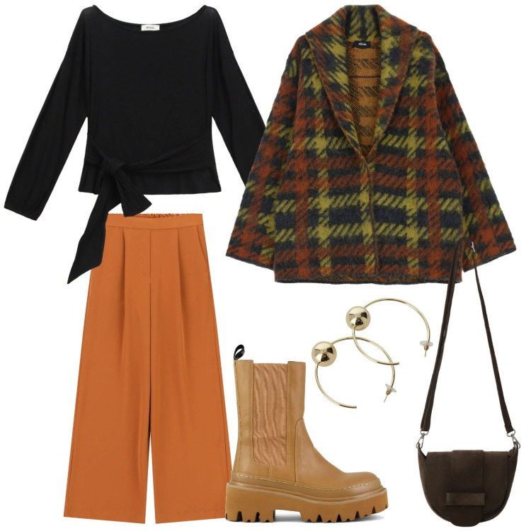 Outfit donna - Look da giorno. Stile Casual per Ufficio. Abbinamento con orecchini, top, borse a tracolla, cappotti, pantaloni a palazzo, stivaletti chelsea.