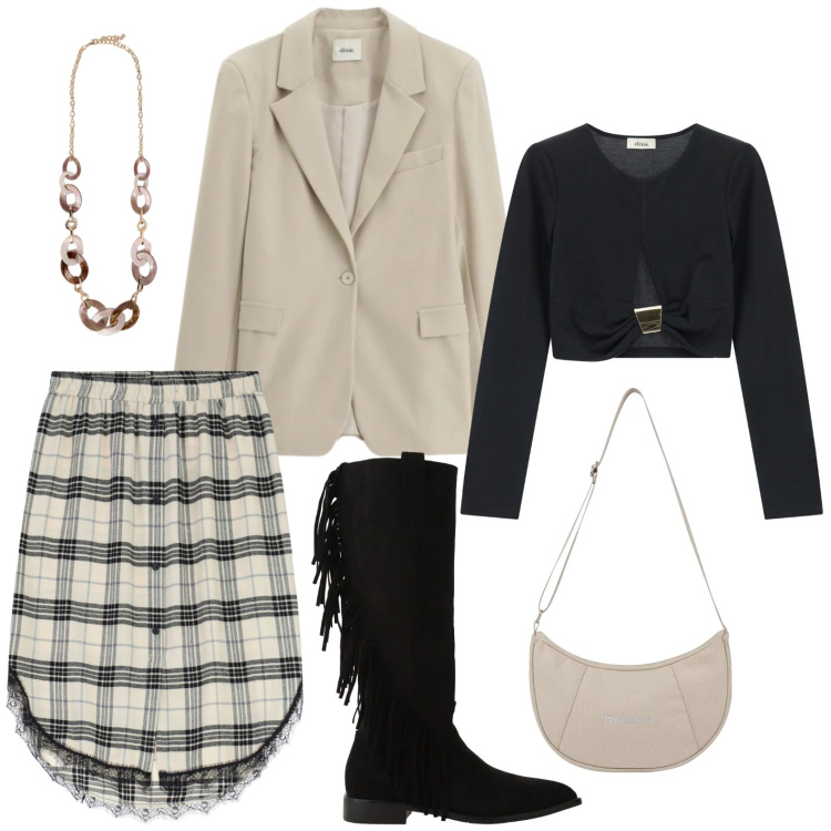 Outfit donna - Stivali di stagione. Stile Casual per Ufficio. Abbinamento con stivali sopra il ginocchio, gonne, top, blazer, borse a spalla, collane.