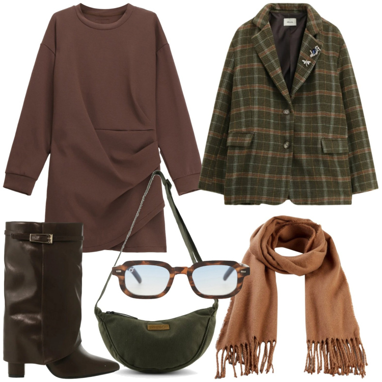 Outfit donna - L\'abito drappeggiato. Stile Minimal per Tutti i giorni. Abbinamento con sciarpe, occhiali da sole, stivali, vestiti corti, blazer, borse a tracolla.