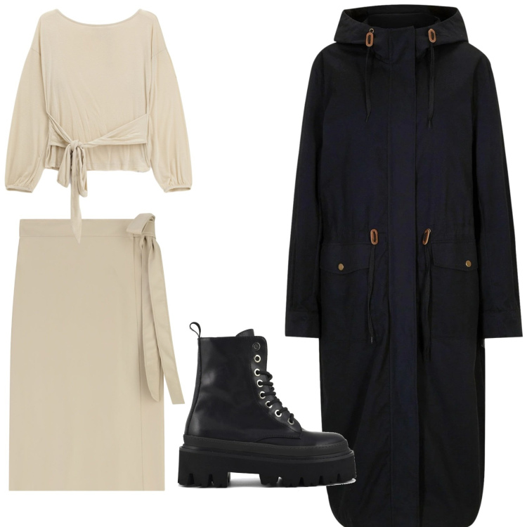 Outfit donna - Total look #2331379. Abbinamento con parka, top, gonne longuette, anfibi.